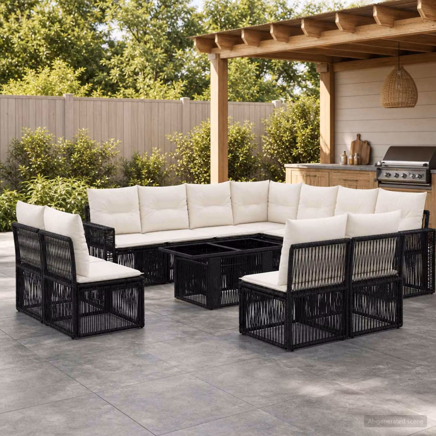 Set Divano da Giardino vidaXL 12 pz a forma di U con Tavolino da Caffè, Colore Nero e Bianco Crema, Struttura in Acciaio e Polyrattan con Cuscini Inclusi