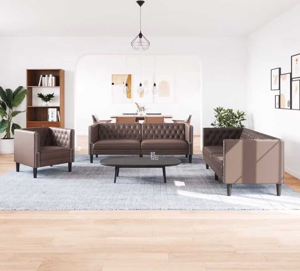 Set Divani Chesterfield 3pz Marrone in Pelle finta