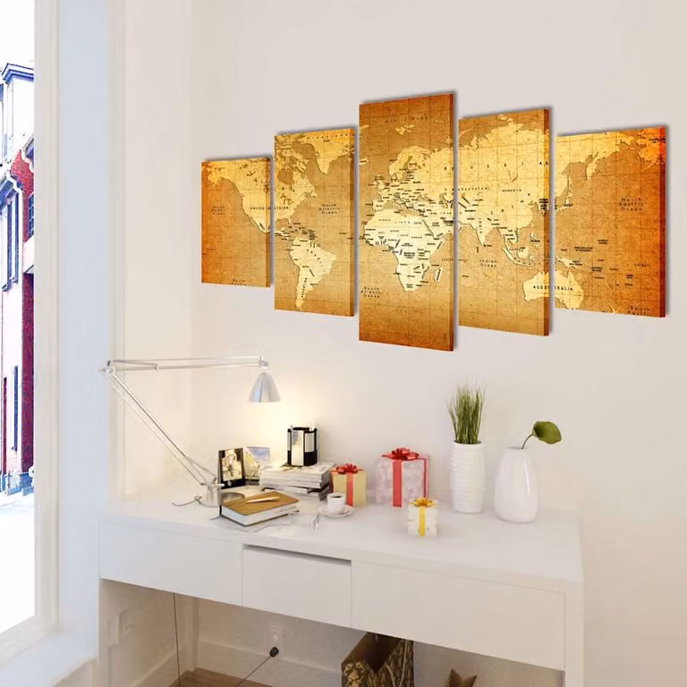 vidaXL Set Stampa su Tela da Muro 5 pz Mappa del Mondo 100 x 50 cm