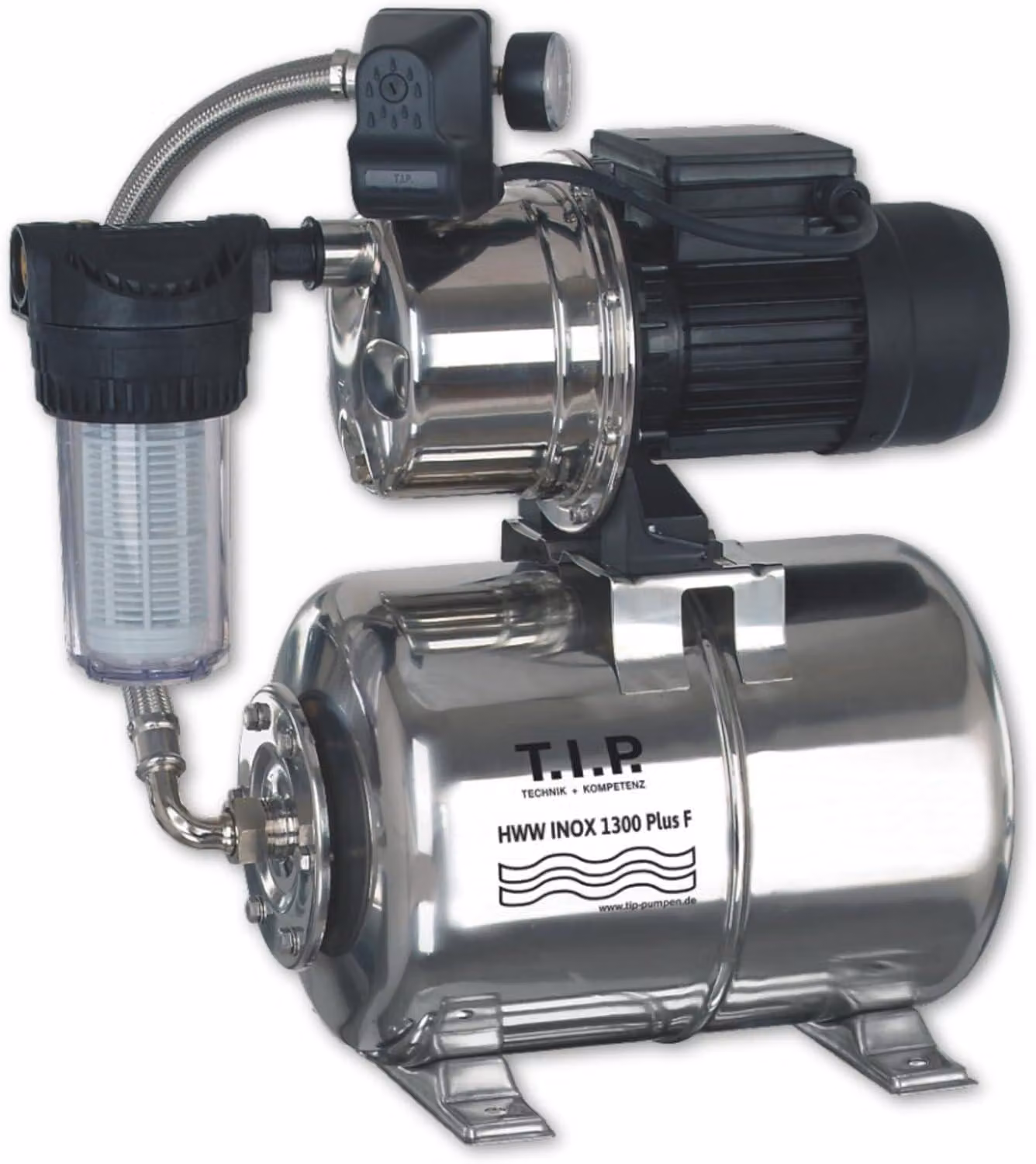 Pompa idraulica con serbatoio di pressione e prefiltro, in acciaio inossidabile, con portata fino a 4.350 litri/ora e potenza di 1.200 W