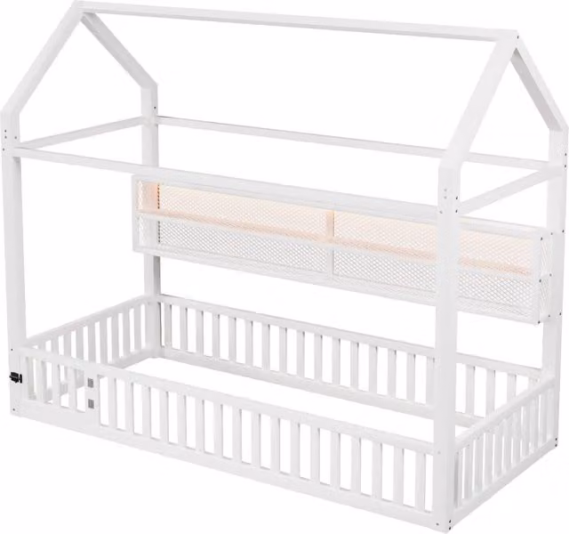 Letto a piattaforma forma casa 90x200 cm bianco con sponda di sicurezza e illuminazione LED
