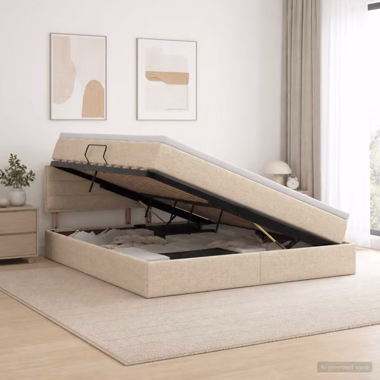 Letto con contenitore e materasso a molle vidaXL, colore beige, con illuminazione LED sottostante, L/P/H: 140 x 200 x 44 cm