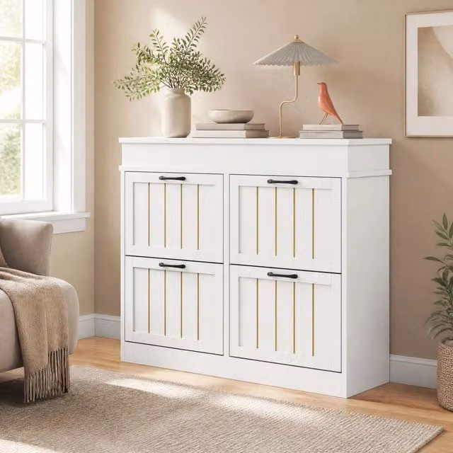 Mobiletto Scarpe Moderno con 4 Ante a Ribalta, 8 Ripiani, MDF Bianco con Maniglie Nere, 105x24x83 cm