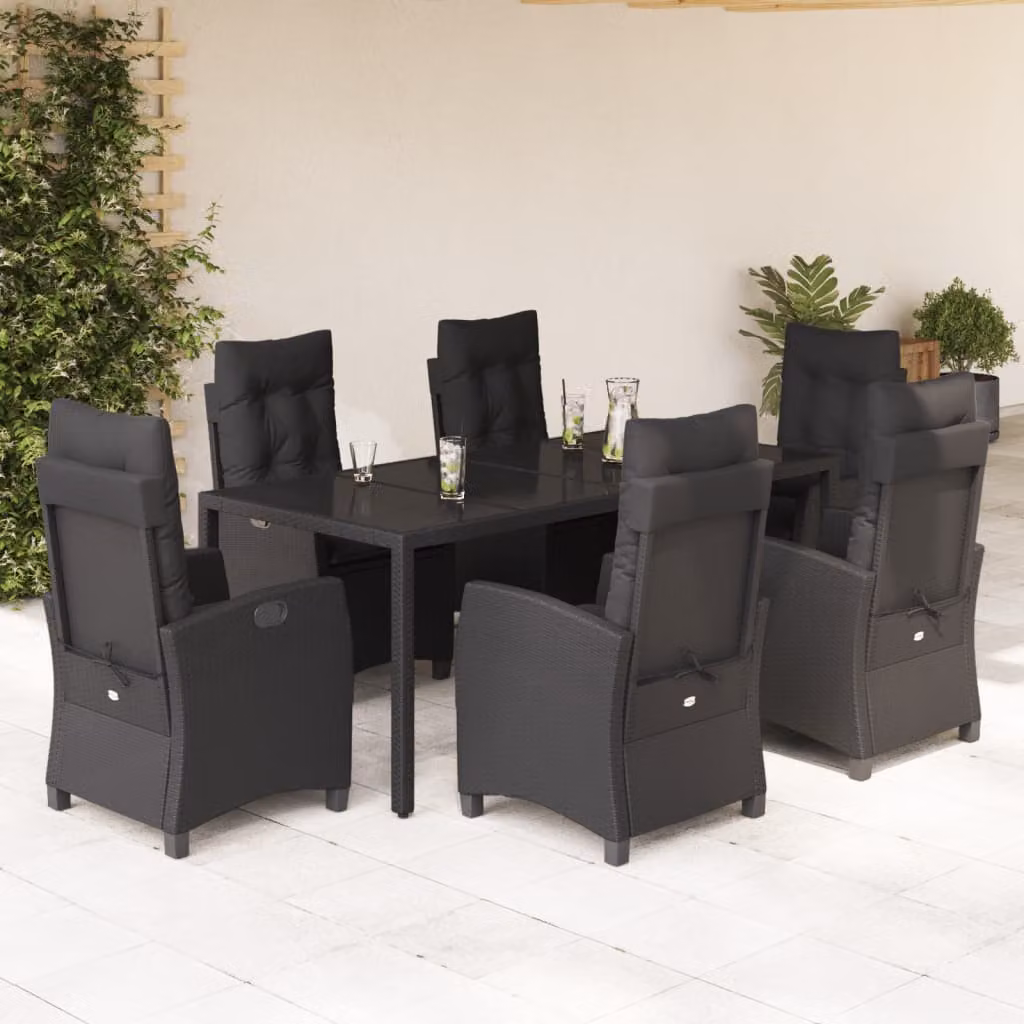 Set da Pranzo da Giardino vidaXL 7 pz in Polyrattan Nero con Piano in Vetro – 1