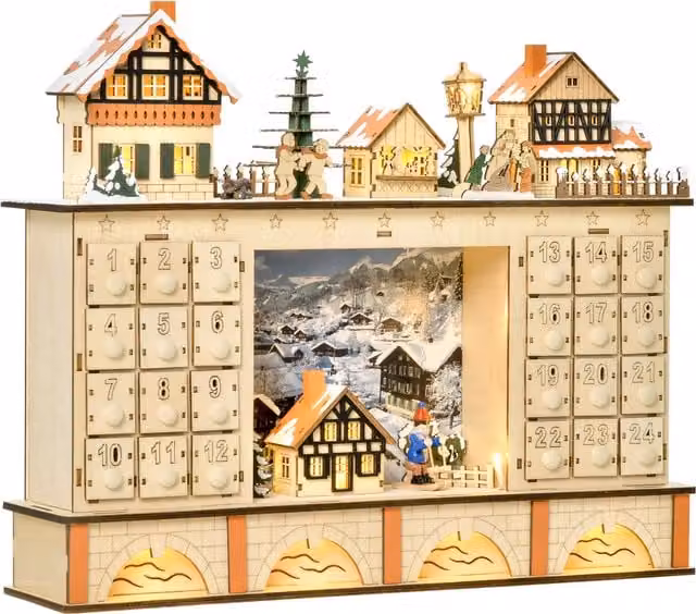 HOMCOM Calendario dell'Avvento in Legno con 24 Cassetti da Riempire, Decorazione con Villaggio di Natale e Luci, 44x10x37cm