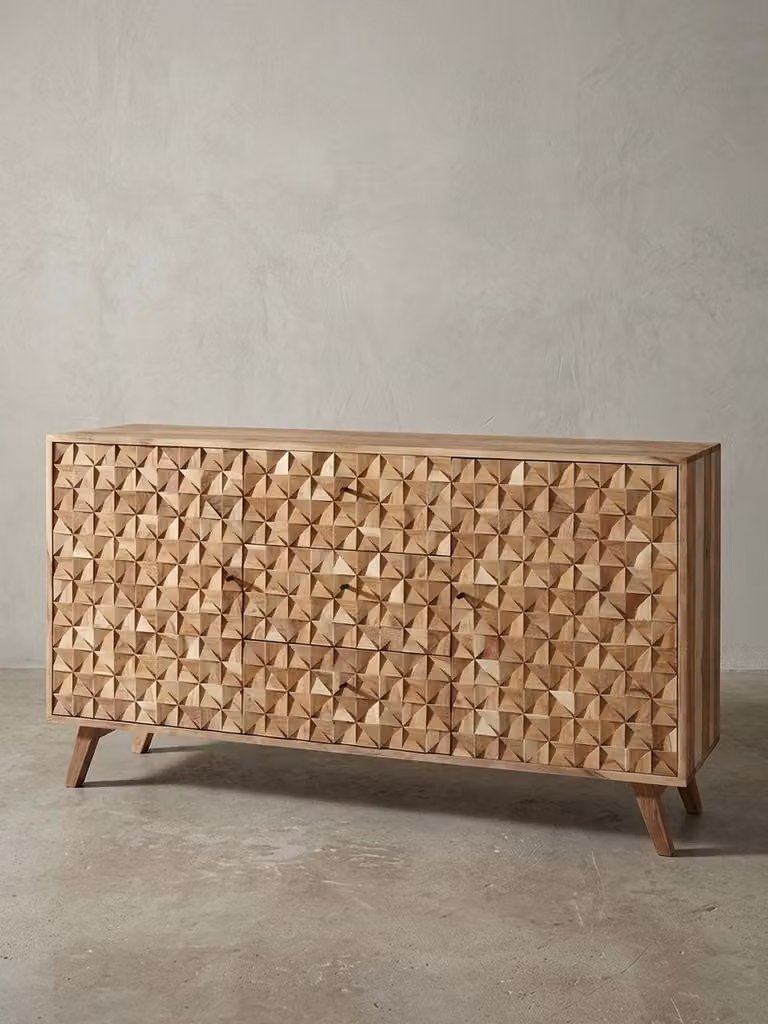 Credenza REWA 140x78,5x40 cm Credenza in legno massello di acacia Armadio marrone, stile rustico Comò con 3 cassetti e 2 ante, armadio da ingresso in vero legno, comò con cassetti in legno massello, comò da ingresso