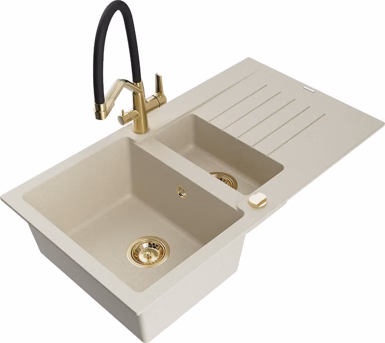 Mexen Matias lavello in granito 1,5 vasca con scolapiatti e rubinetto da cucina Duo, beige - 6502-69-671701-57-G
