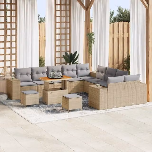 Set Divano da Giardino a Forma di U vidaXL in Polyrattan Beige con Cuscini e Tavolino da Esterno – 1