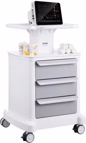 Carrello da Laboratorio VEVOR Bianco con 4 Ripiani, 3 Cassetti, 1 Vassoio Superiore e 4 Ruote in ABS per Clinica e Ospedale L/P/H: 78,0 x 46,5 x 46,5 cm