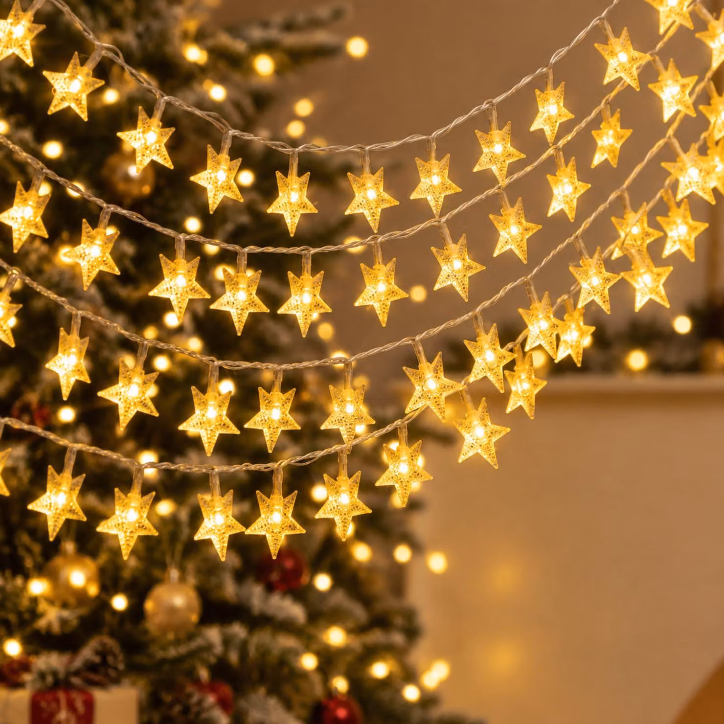 Catena luminosa a LED, 6 metri, 40 stelle, luce bianco caldo, alimentazione a batteria