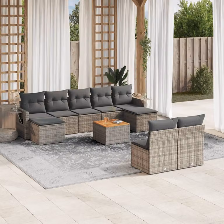 vidaXL Set Divano da Giardino 10 pz in Polyrattan Grigio con Cuscini e Tavolino