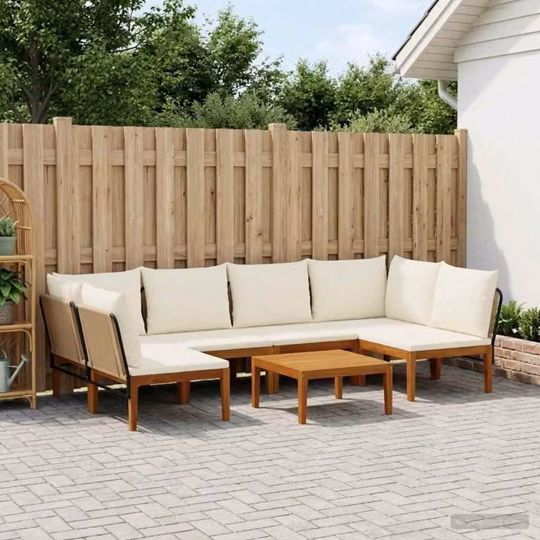 Set da giardino vidaXL in legno di acacia con cuscini beige e marrone, composto da 7 pezzi con divano angolare, divano a 3 posti e tavolino da caffè