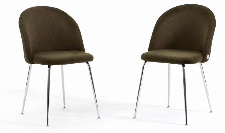 Set di 2 sedie da pranzo in tessuto teddy, imbottite con gambe in metallo, sedie moderne per cucina, sala da pranzo, bar e ristoranti SARA - verde militare / argento