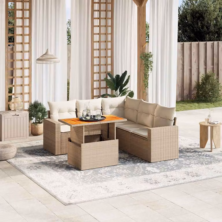 Set Divano da Giardino vidaXL 6 pz con Cuscini Beige e Tavolino, Design Moderno a L con Struttura in Acciaio e Legno di Acacia