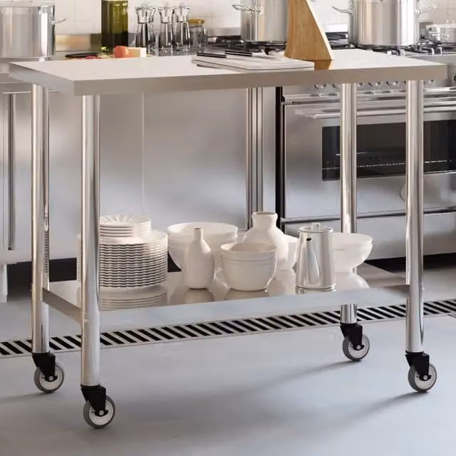Tavolo da lavoro per cucina vidaXL in acciaio inox color argento con ruote L/P/H: 110 x 55 x 85 cm
