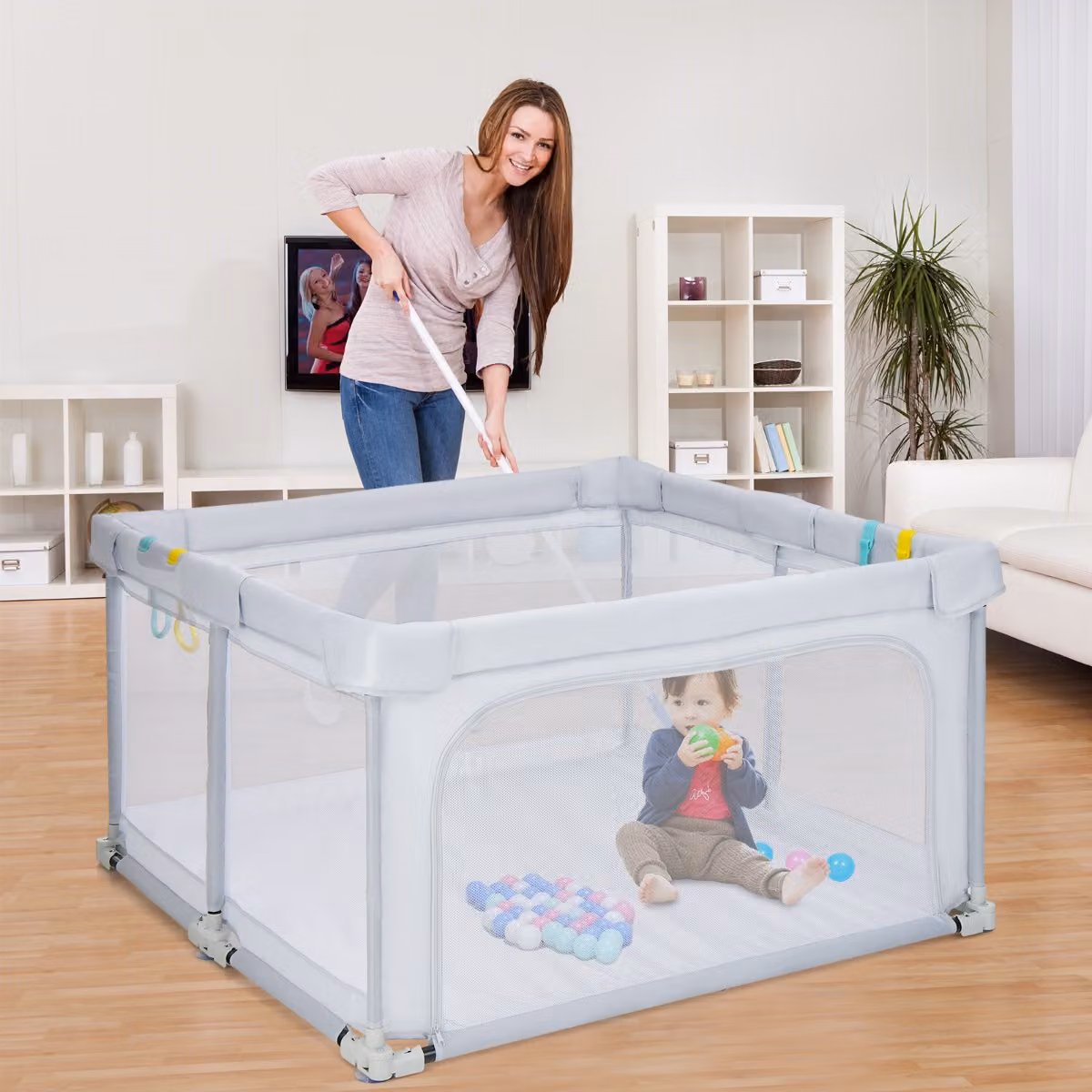 Costway Recinto per bambini pieghevole con pareti in rete traspirante e ventose antiscivolo Grigio chiaro