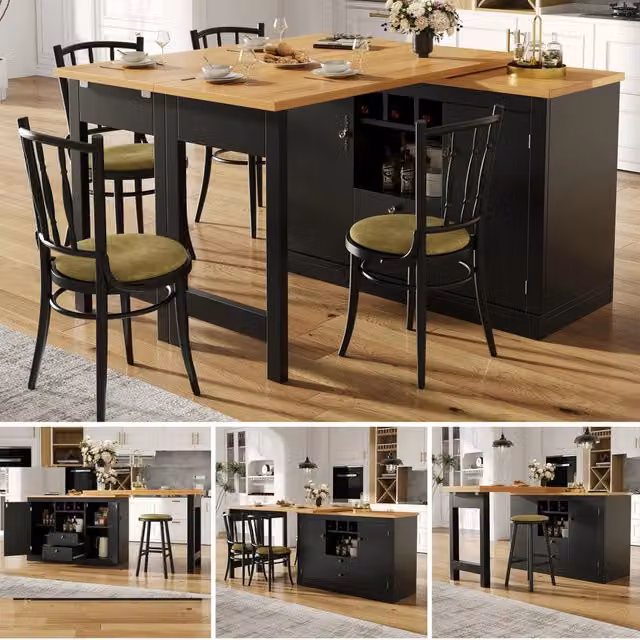 Tavolo da bar estraibile nero, regolabile 120-180 cm, con rotazione 360° e vano portaoggetti. Design moderno per soggiorno, sala da pranzo e ufficio.