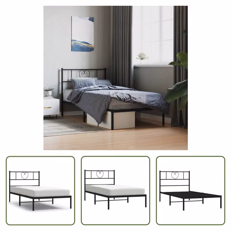 The Living Store Struttura letto con testiera in metallo nero 100x190 cm