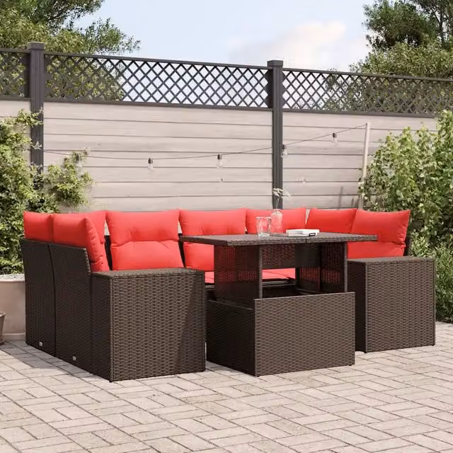 Set da giardino vidaXL composto da 7 pezzi con cuscini marroni e tavolino in vetro con struttura in polyrattan e metallo