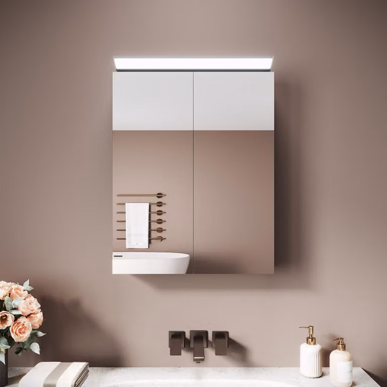 Armadio a specchio Sonni a due ante in acciaio inox 52 x 65 x 12 cm bianco argento Con illuminazione a specchio Facile da pulire