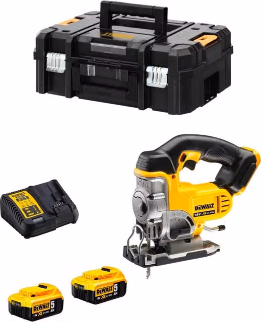 Seghetto Alternativo DeWalt DCS331P2 Giallo con 2 Batterie da 5,0 Ah, Caricabatterie DCB115 e Custodia TSTAK II – 1
