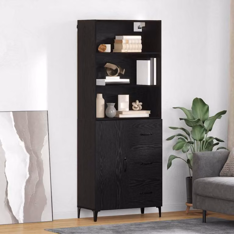 Credenza moderna vidaXL in legno ingegnerizzato e metallo, colore nero, L: 69,5 cm, P: 34 cm, H: 180 cm