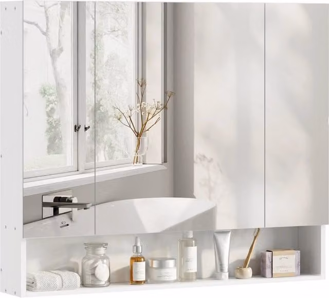 Specchiera da bagno con armadietto a 3 ante Xylo bianco con specchio e ripiani regolabili L 90 cm, P 15 cm, H 75 cm