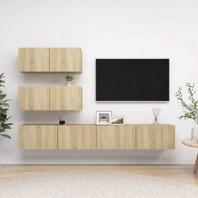 Set di mobili porta TV moderno vidaXL in legno beige con 4 pezzi e scomparti multimediali