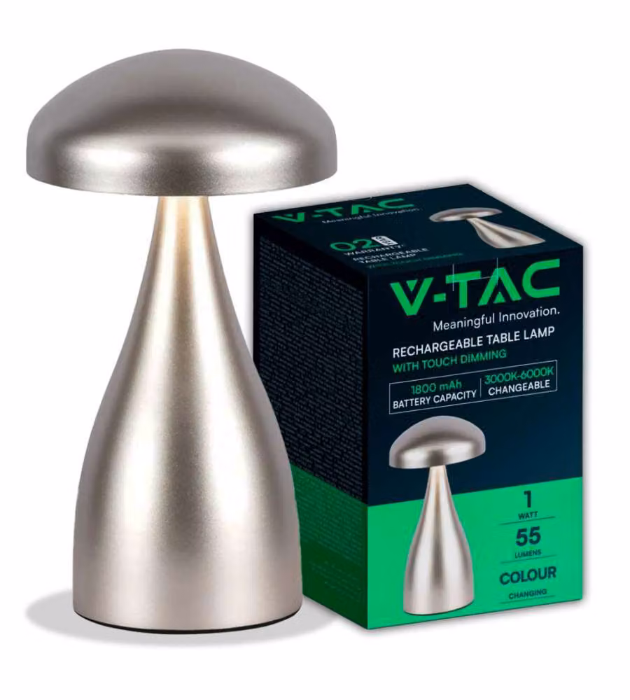 Lampada da tavolo LED V-TAC in metallo color oro/ottone, ricaricabile con batteria, tecnologia touch e funzione dimmerabile