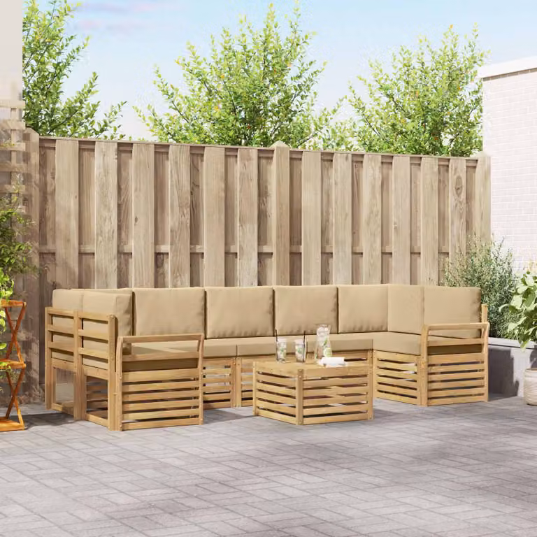 Set di divani da esterno vidaXL a forma di L composto da 8 pezzi con tavolo da caffè, in legno di acacia e tessuto resistente ai raggi UV, colore bianco e beige