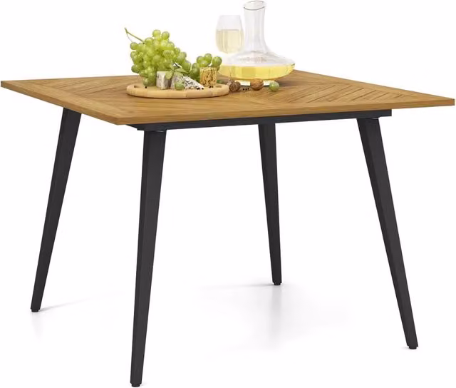 Tavolo da giardino quadrato Costway in legno di acacia marrone con struttura in metallo nero e foro per ombrellone L: 107 cm, P: 107 cm, H: 75 cm