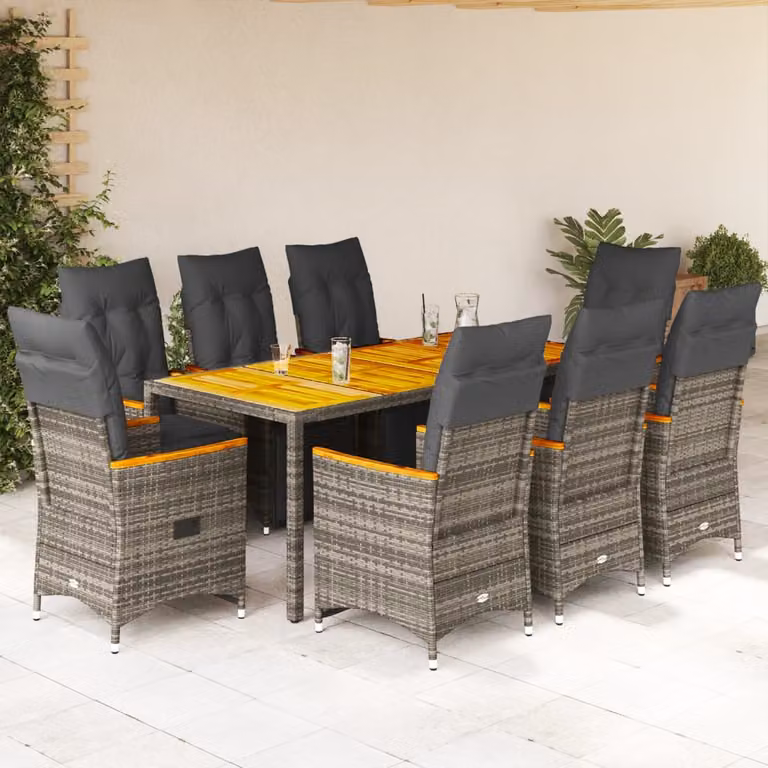 vidaXL Set Bistrò da Giardino 9 pz in Polyrattan e Legno di Acacia Grigio
