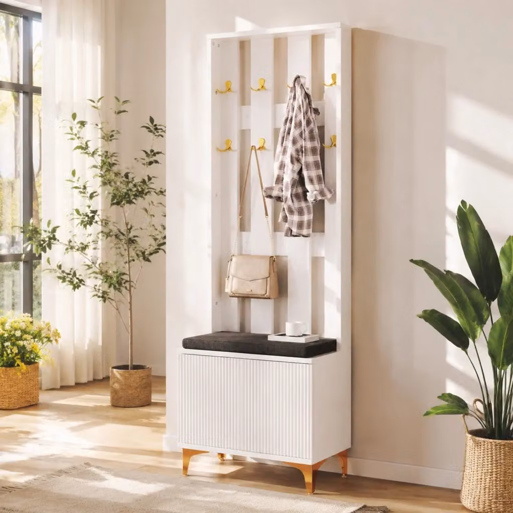 Guardaroba da ingresso moderno in MDF bianco e grigio con ante push to open e dettagli dorati, H: 180.5 cm, L: 60.5 cm, P: 35.2 cm – 2