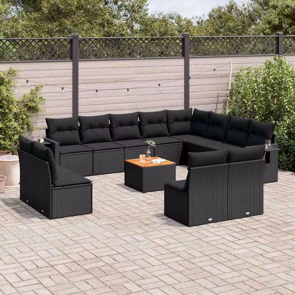 vidaXL Set Divani da Giardino a Forma di U in Polyrattan Nero con Cuscini e Tavolino da Esterno – 1