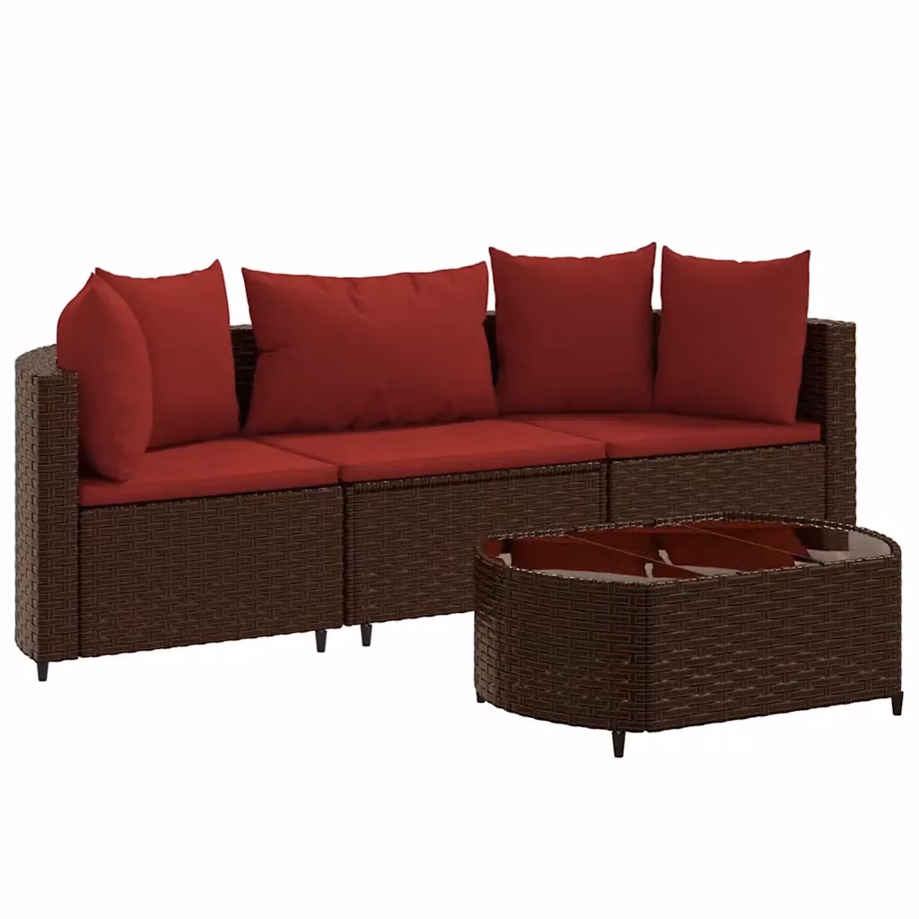 vidaXL Set Divano da Giardino a L con Cuscini Marrone e Rosso in Polyrattan e Acciaio – 2