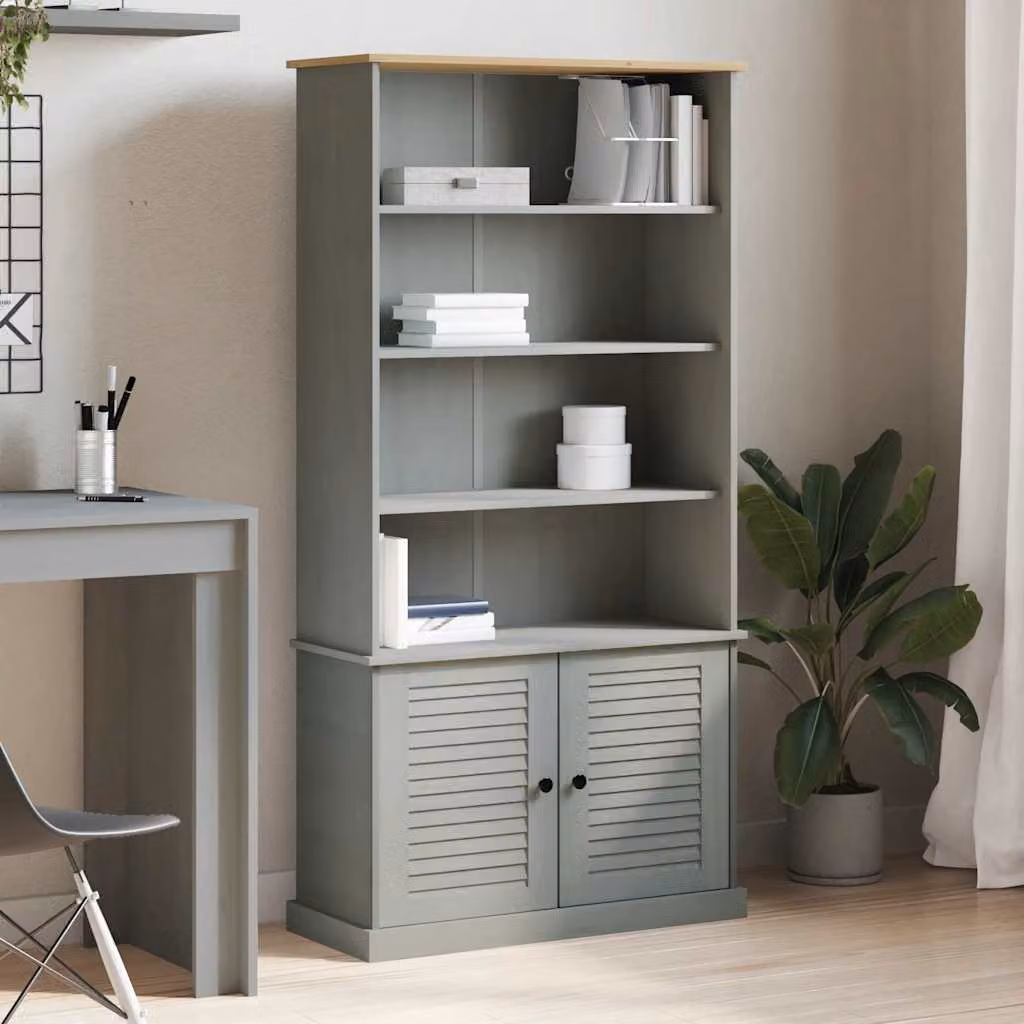 Libreria vidaXL VIGO in legno massello di pino e metallo, stile rustico, Grigio, L 85 cm x P 35 cm x H 170 cm