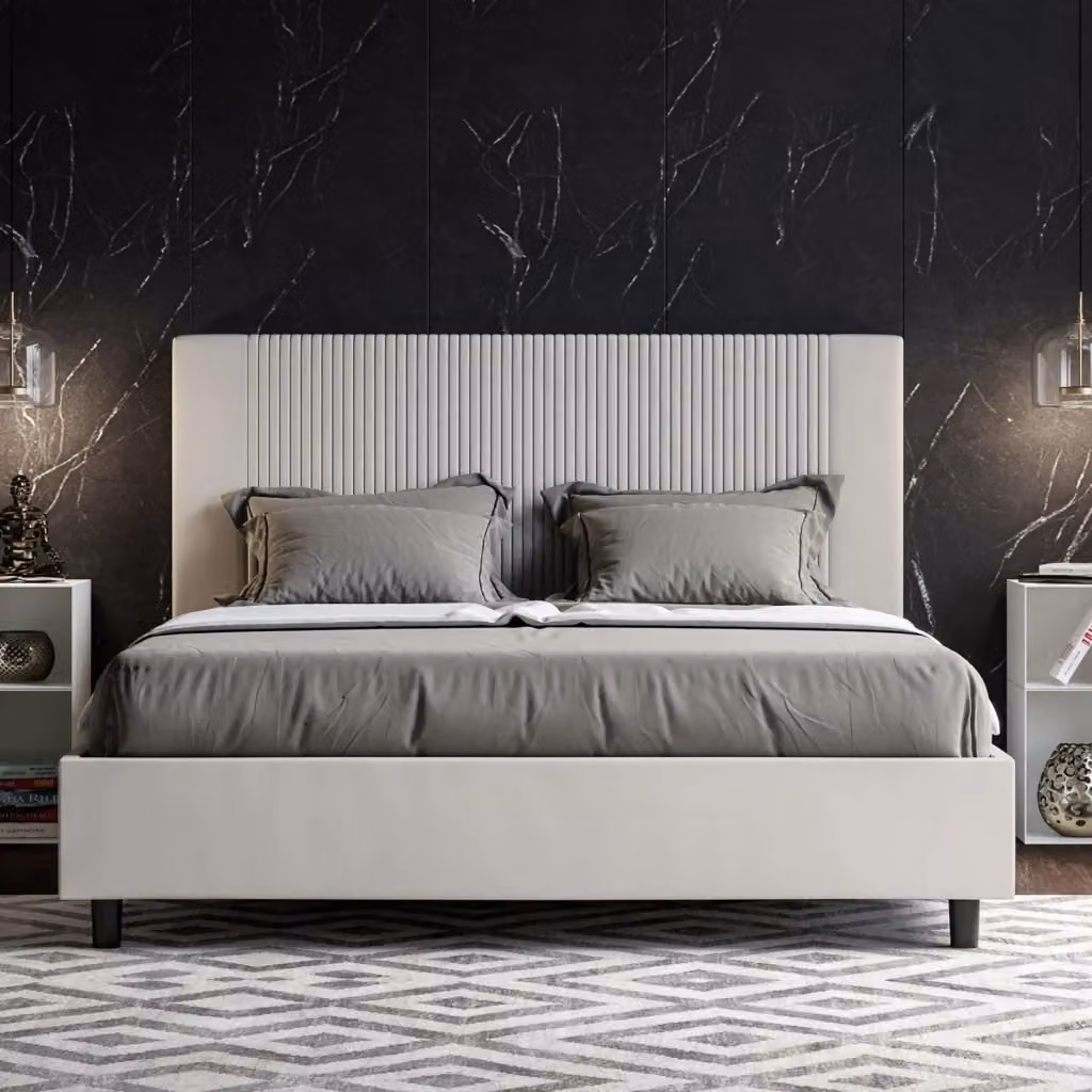 Letto Matrimoniale Giordanoshop con Contenitore e Rete, Imbottito in Similpelle Goya Bianco, L/P: 160 x 200 cm – 2