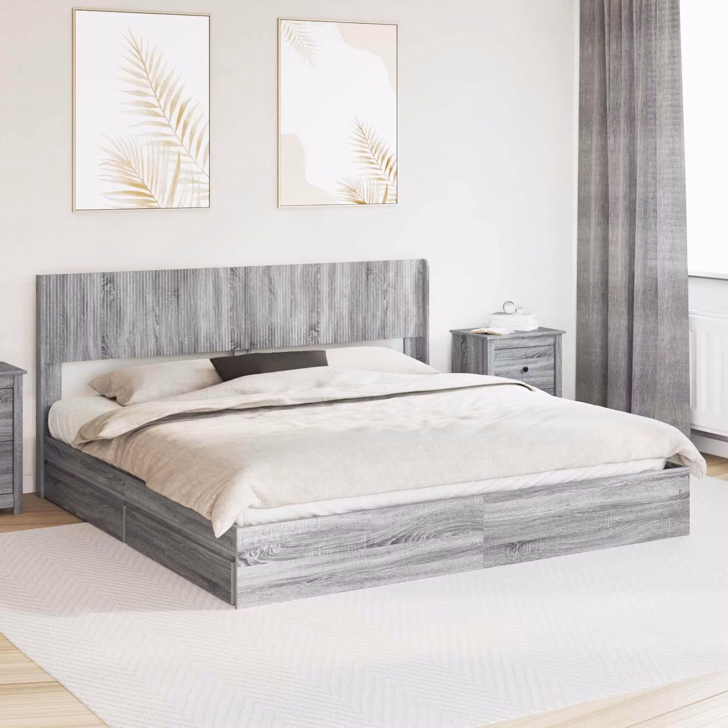 Struttura letto con stoccaggio e testata vidaXL in legno Sonoma grigio L: 203,0 cm, P: 186,5 cm, H: 100,0 cm