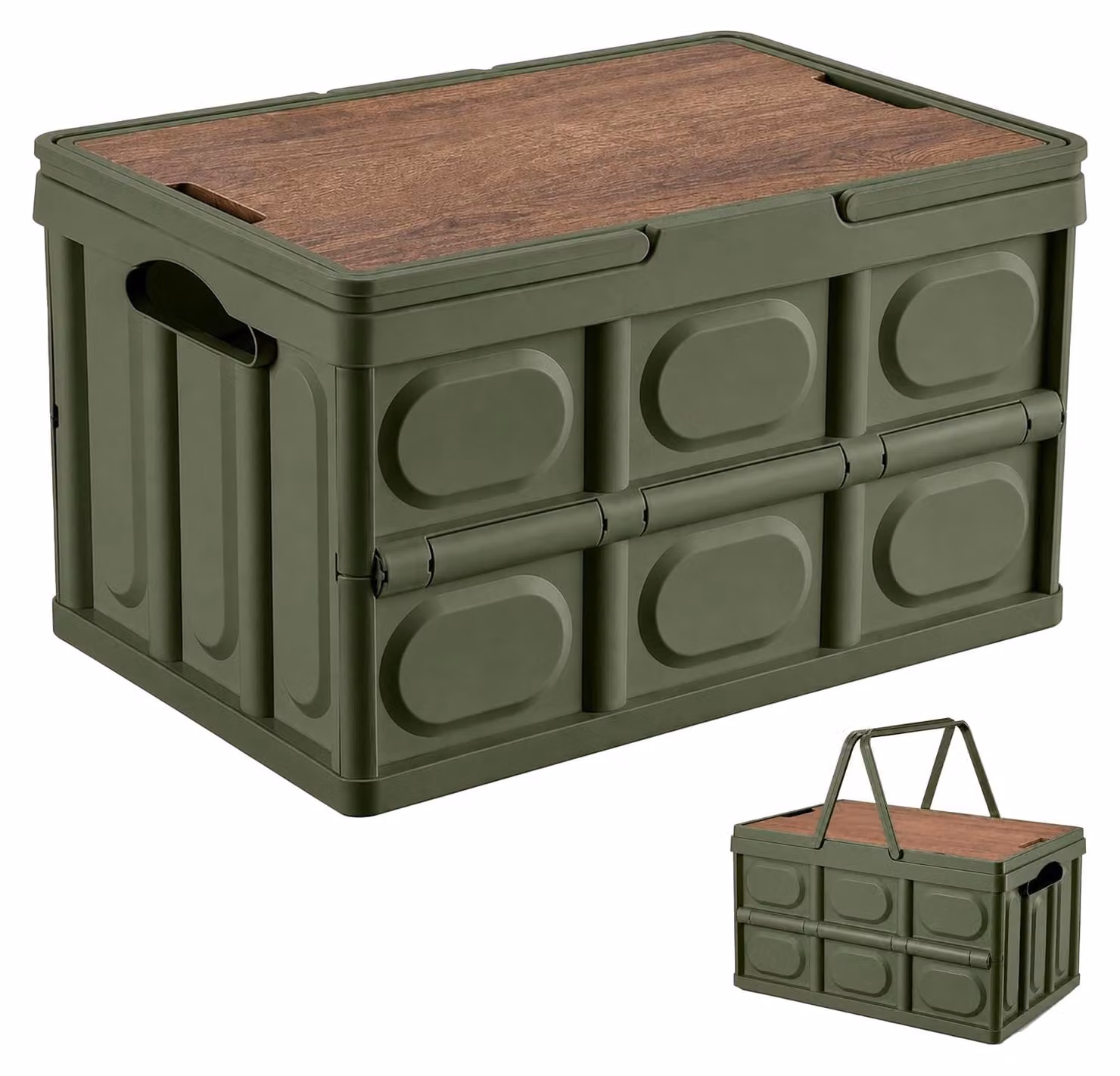 Contenitore pieghevole da campeggio, capacità 30 litri, color verde oliva, con coperchio in legno, adatto per auto e bagagliaio