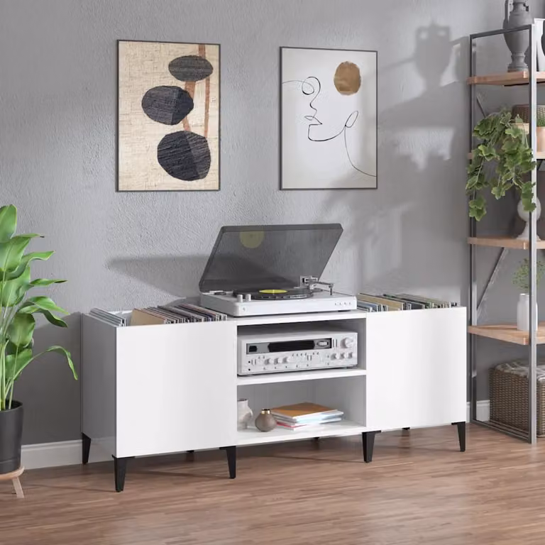 vidaXL Mobile Porta Dischi Bianco Lucido in Legno Multistrato L: 121 cm, P: 38 cm, H: 48 cm