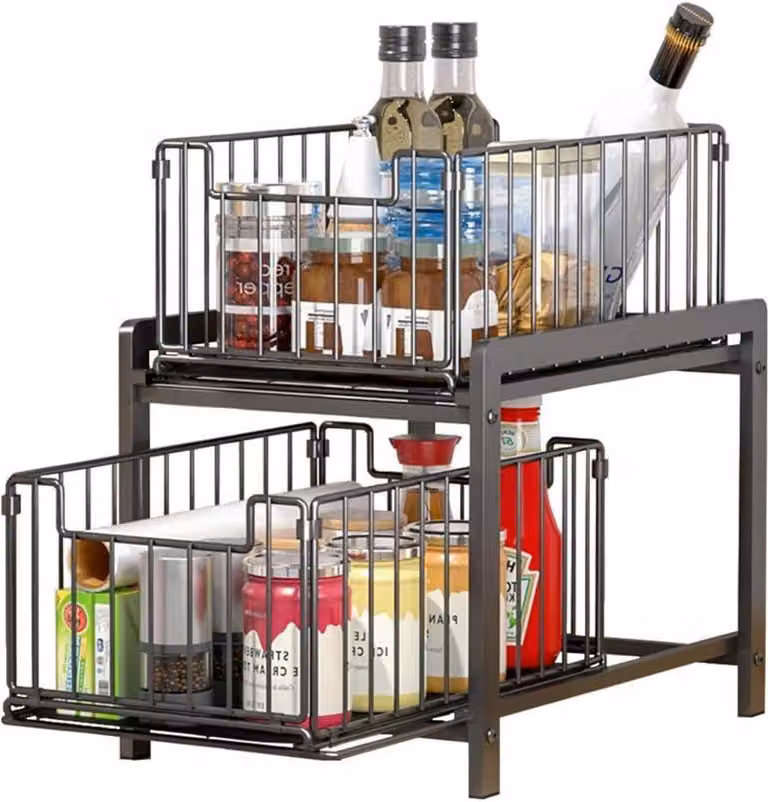YunNasi, ripiano per mobiletto da cucina con 2 cassetti estraibili, ripiano per mobiletto basso, 2 livelli, colore nero