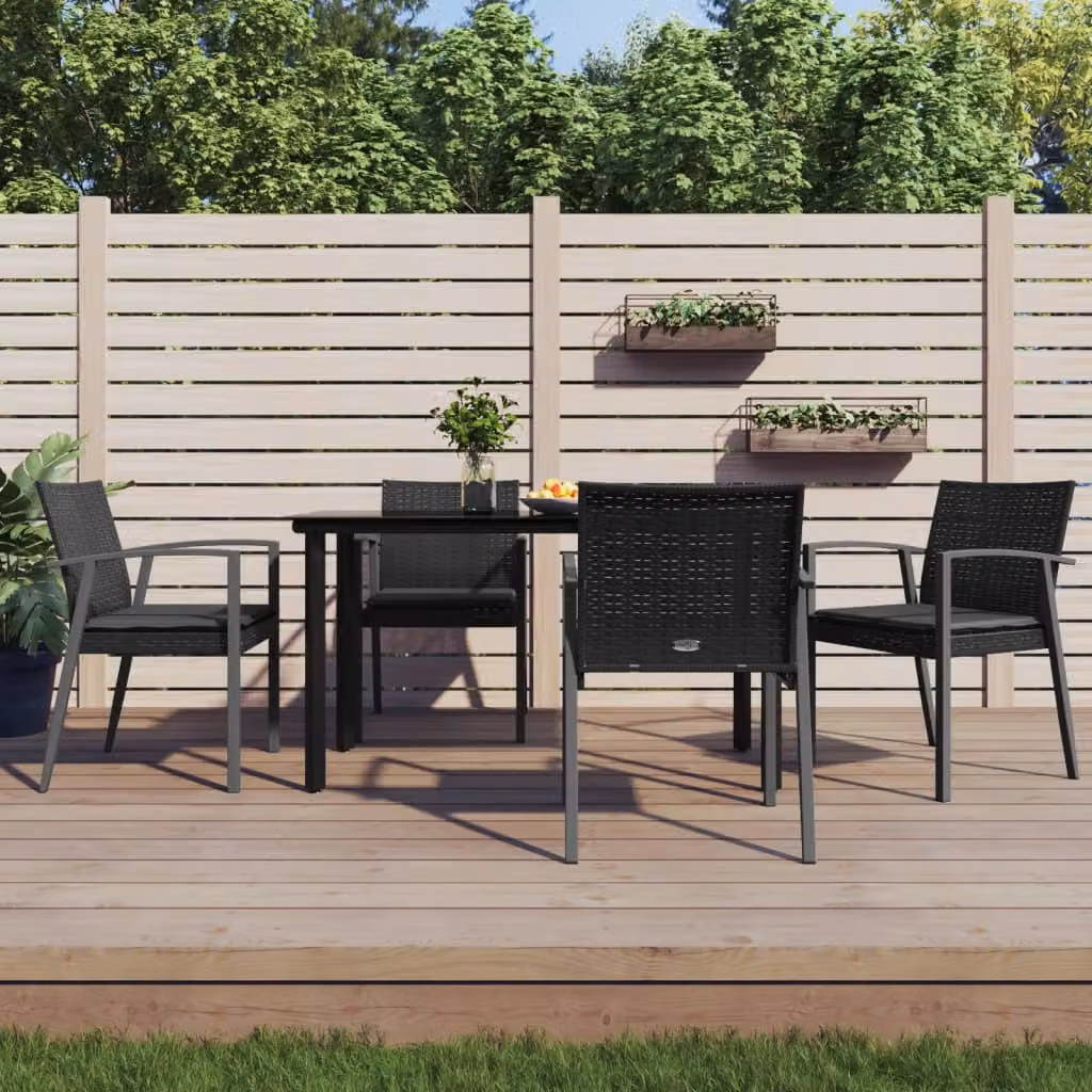 Set da pranzo da giardino vidaXL in polyrattan e acciaio con tavolo in vetro, 5 pezzi, nero e grigio, L/P/H: 140 x 70 x 74 cm