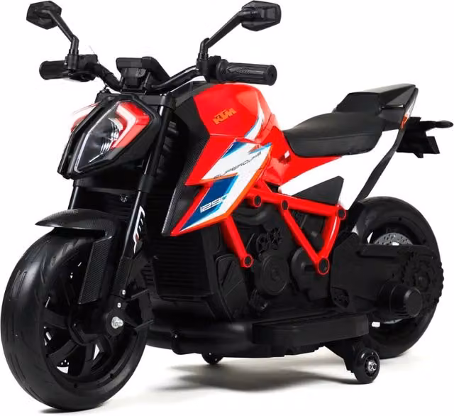Moto elettrica KTM Super Duke 1290 12V per bambini con licenza ufficiale, rossa, con effetti luce e suono e ruote in gomma EVA