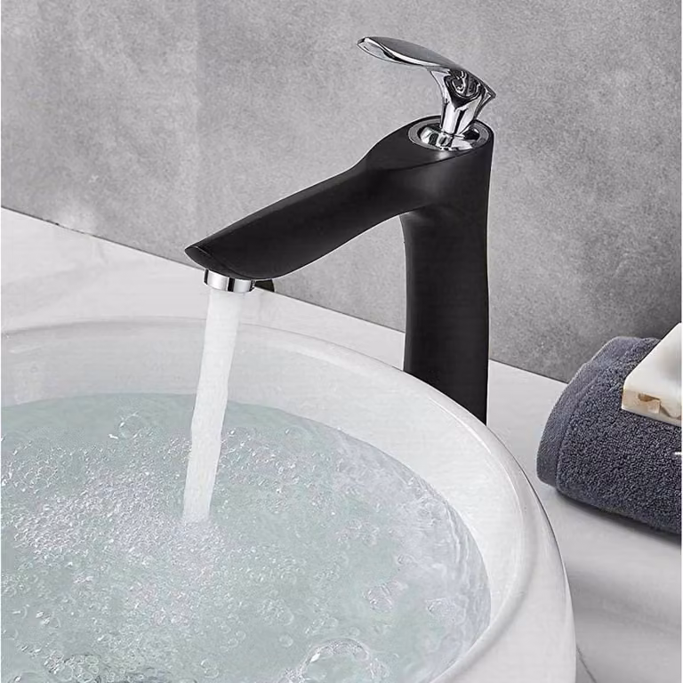 Miscelatore per lavabo da bagno, nero, in ottone, monocomando, con un foro