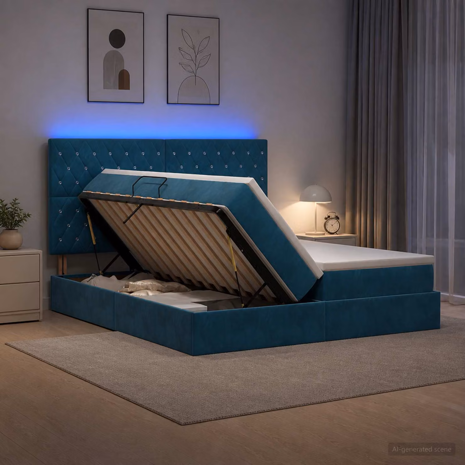 Letto con contenitore vidaXL in velluto blu con illuminazione LED e porta USB, comprensivo di materasso ibrido, L/P/H: 200 x 200 x 128 cm