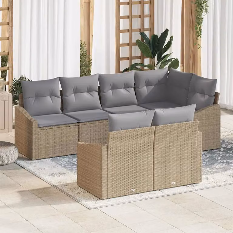 Set di divani da giardino vidaXL a forma di U composto da 7 pezzi con tavolo da caffè in vetro e cuscini beige in polyrattan e struttura in acciaio verniciato a polvere