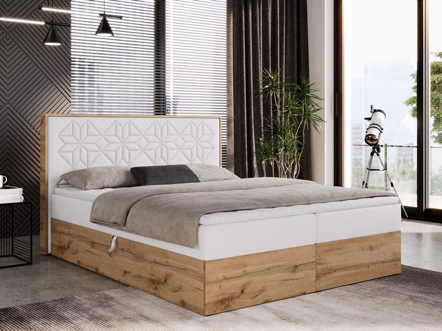 Letto boxspring 140x200 con contenitore, letto imbottito 140x200 con materasso H3, letto boxspring 140x200 con testiera, letto boxspring in legno massello - Nessi - Pelle finta bianca - H3