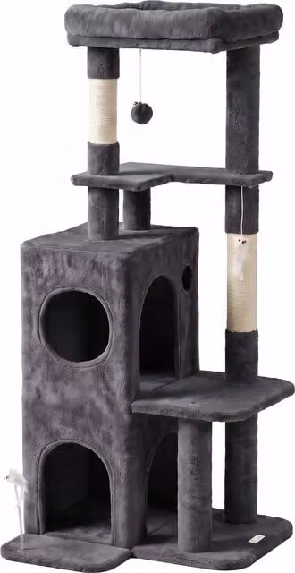 Albero Tiragraffi per Gatti PawHut con 2 Pali in Sisal, Cuccia, Casetta a 2 Livelli e Trespolo, Grigio Scuro, Altezza: 132 cm – 1