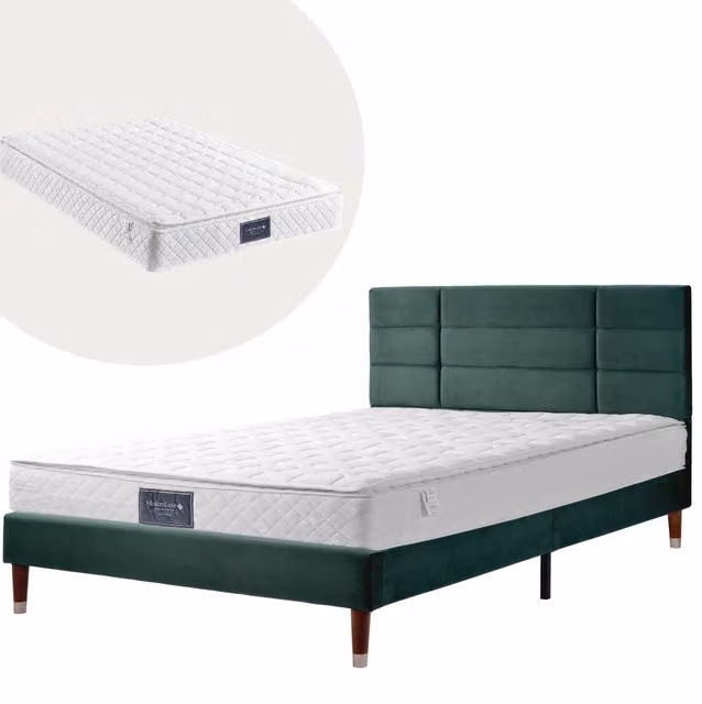 Letto matrimoniale imbottito 140x200 cm con rete a doghe, struttura in velluto verde scuro e testiera imbottita