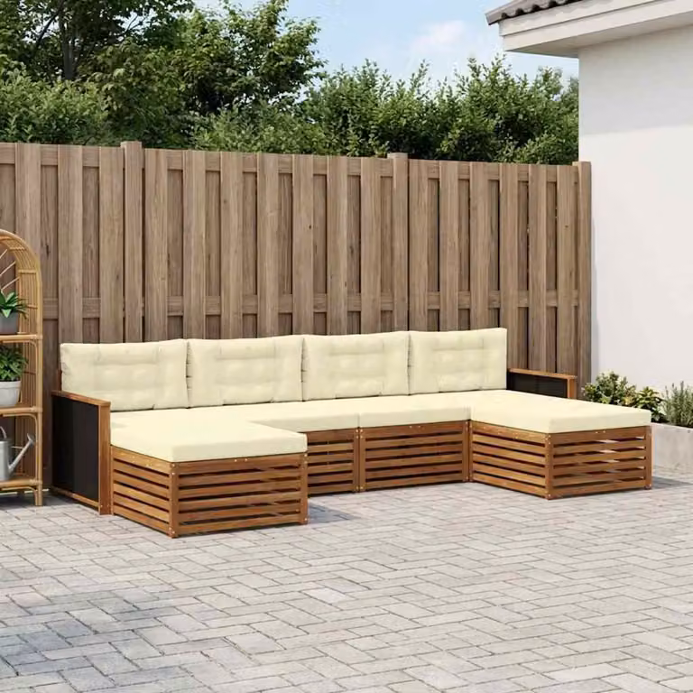 Set di divani da esterno vidaXL a forma di L composto da 6 pezzi in legno di acacia massello marrone con cuscini beige